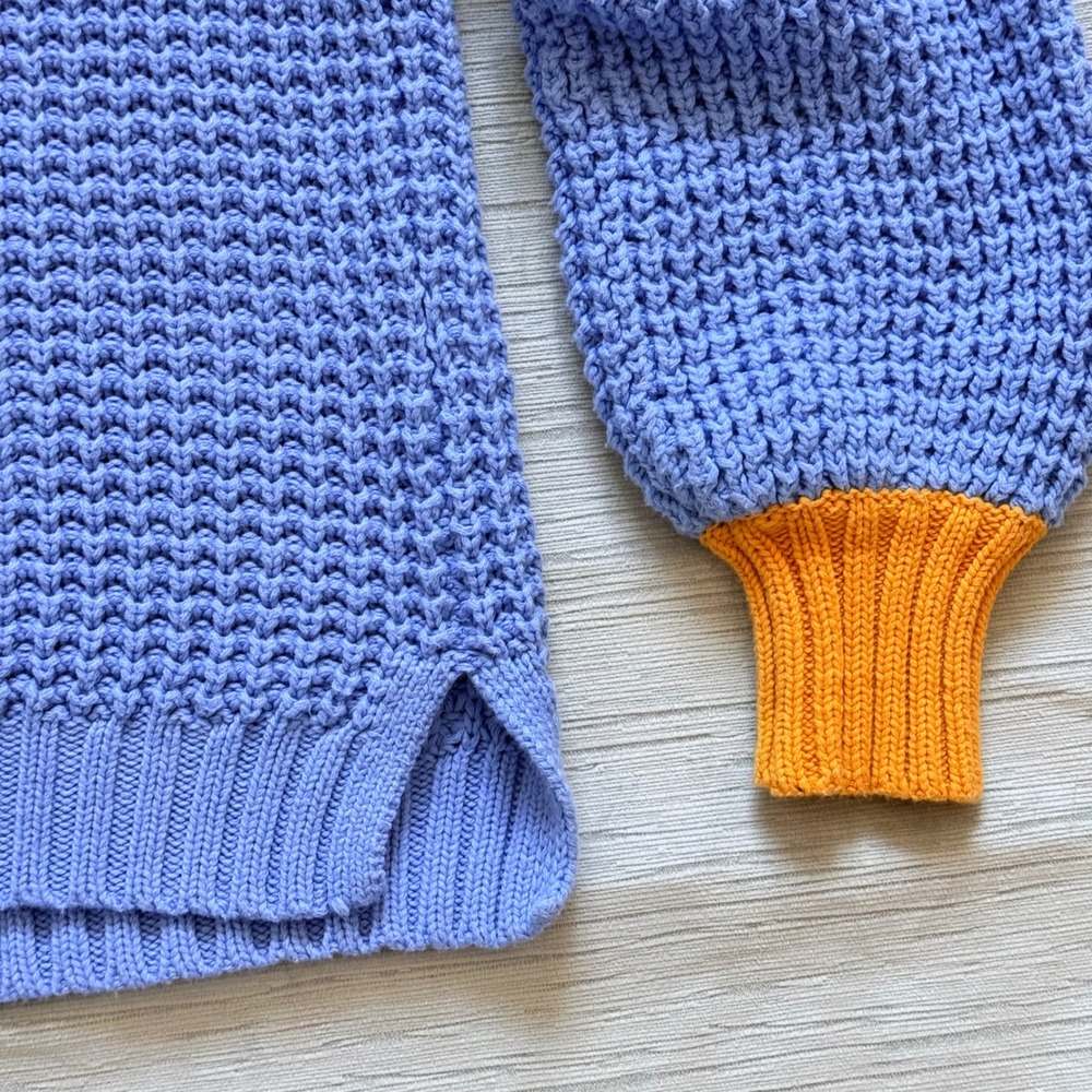 POPSUGAR Waffle Knit Cardigan Sweater Blue Mustard Yellow Cuffs Womens Medium - Picture 4 of 12